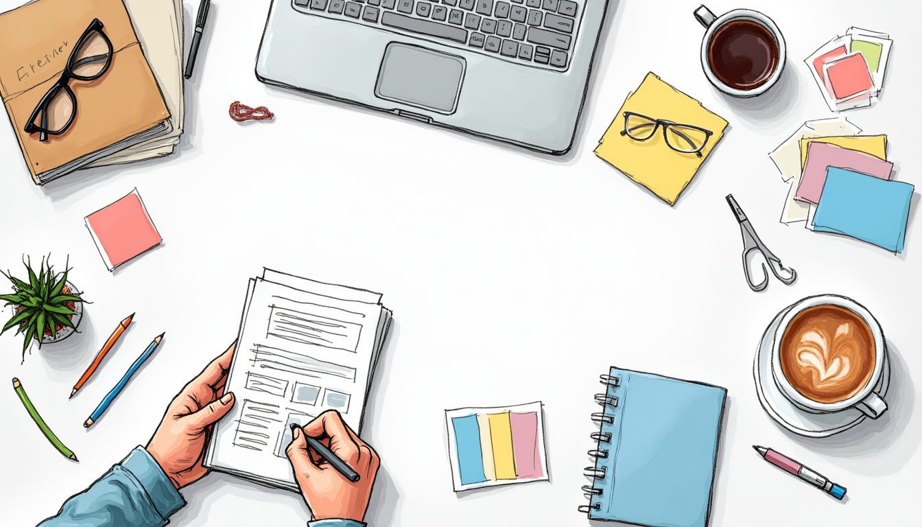 Un laptop cu un site web de prezentare profesional deschis, înconjurat de elemente de design web și marketing digital.