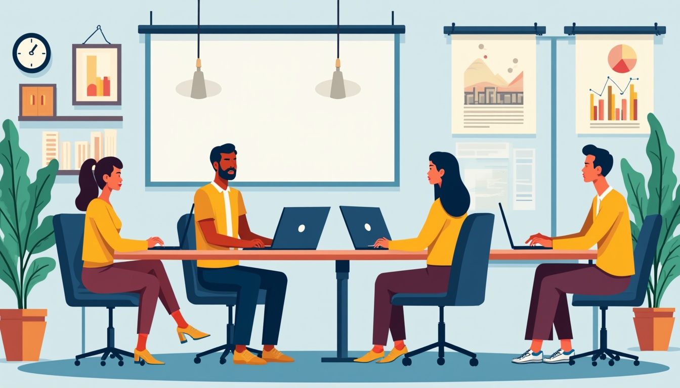 O echipă de experți de la o agenție web în București lucrează la un proiect digital complex.